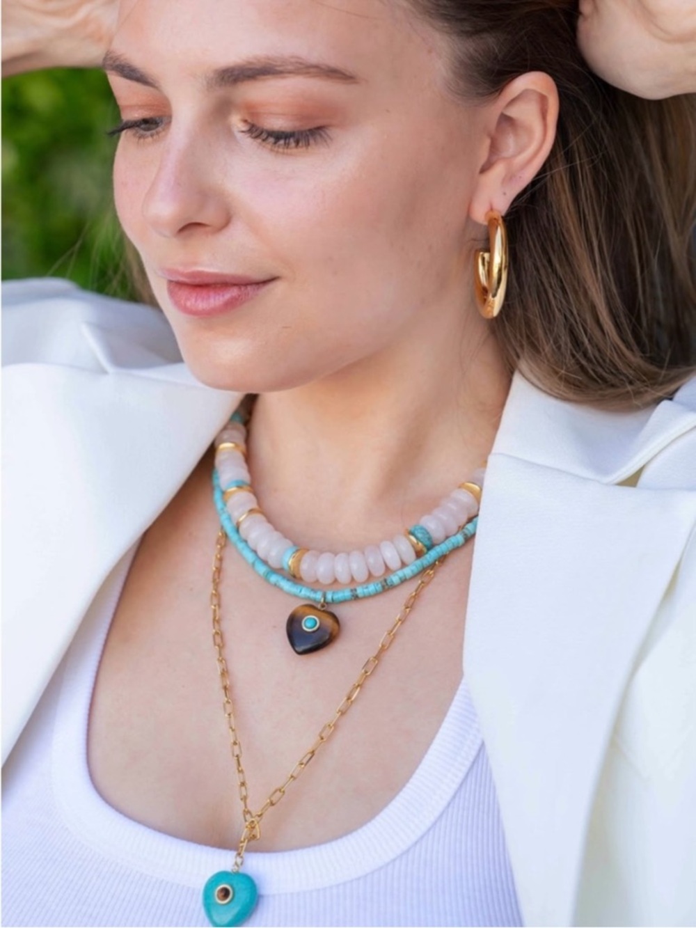 Turquoise Beaded Necklace with Tiger Eye Heart Pendant | 24K Gold Plated - Picture 6 of 6